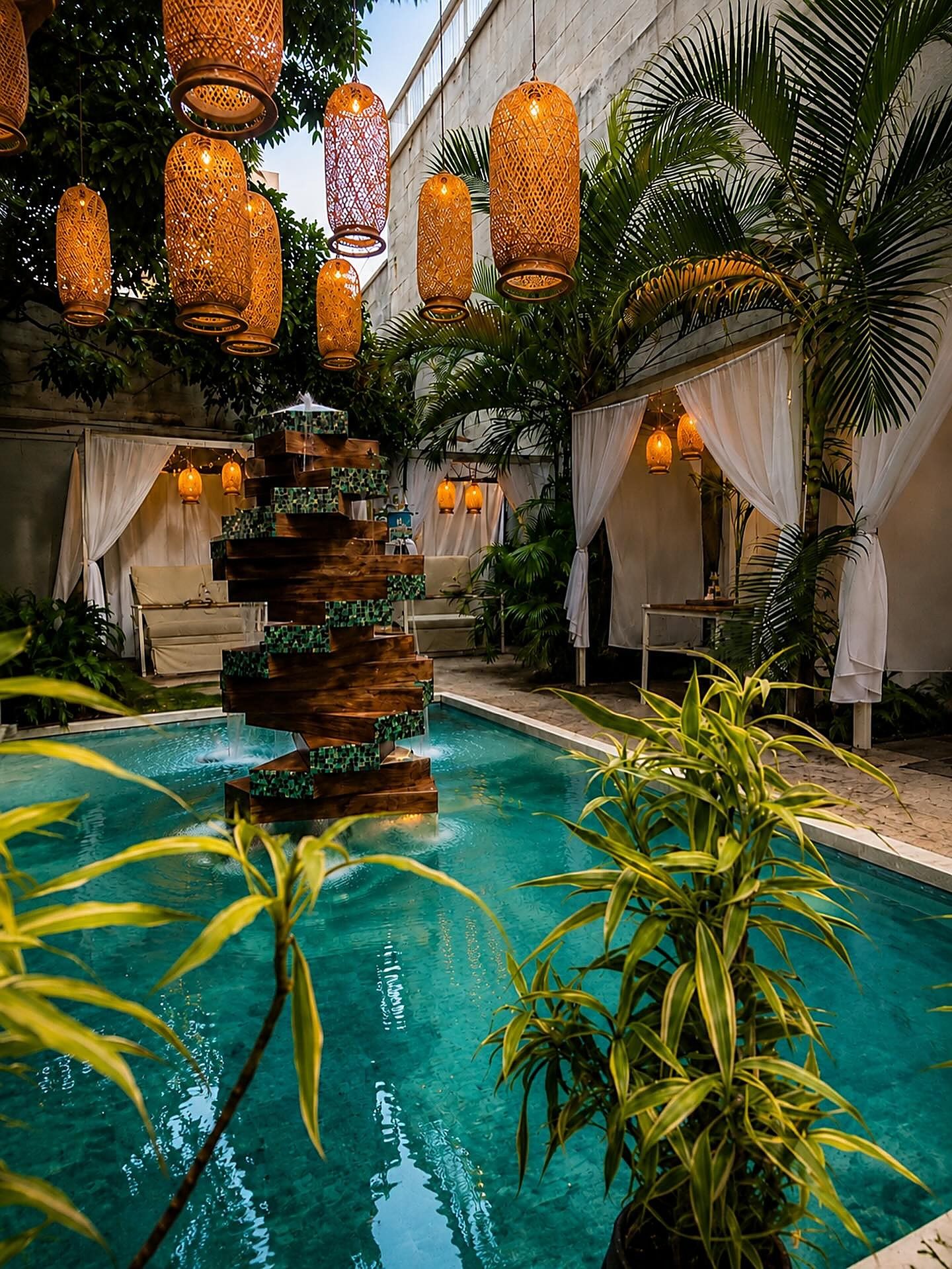 Playa Oasis de Mystic: la fuente escalonada sobre el agua turquesa, cabañas con cortinas blancas y linternas de mimbre encendidas